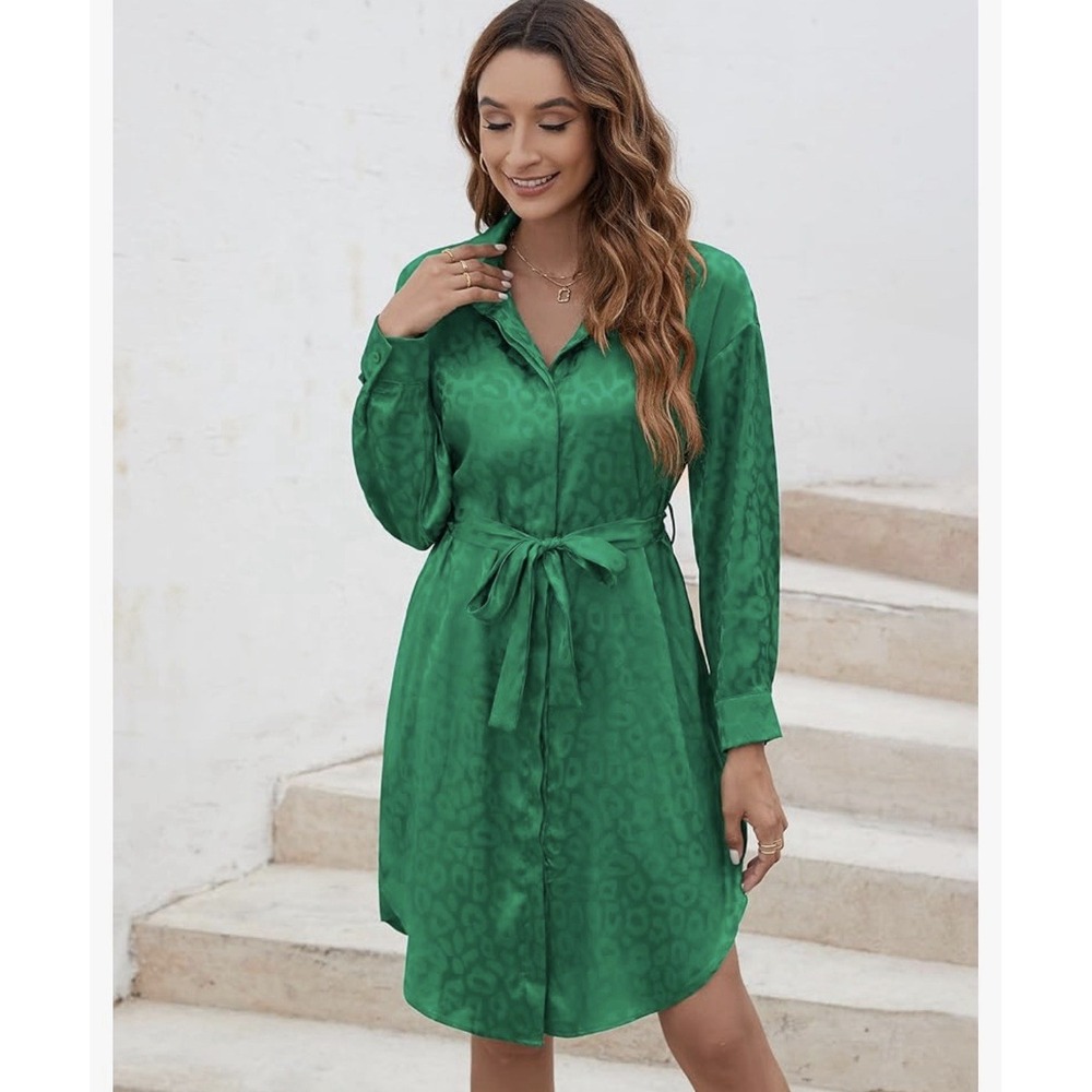 12th Tribe Emerald Green Satin Jacquard Shirt Dress Women M Belted Floral Midi